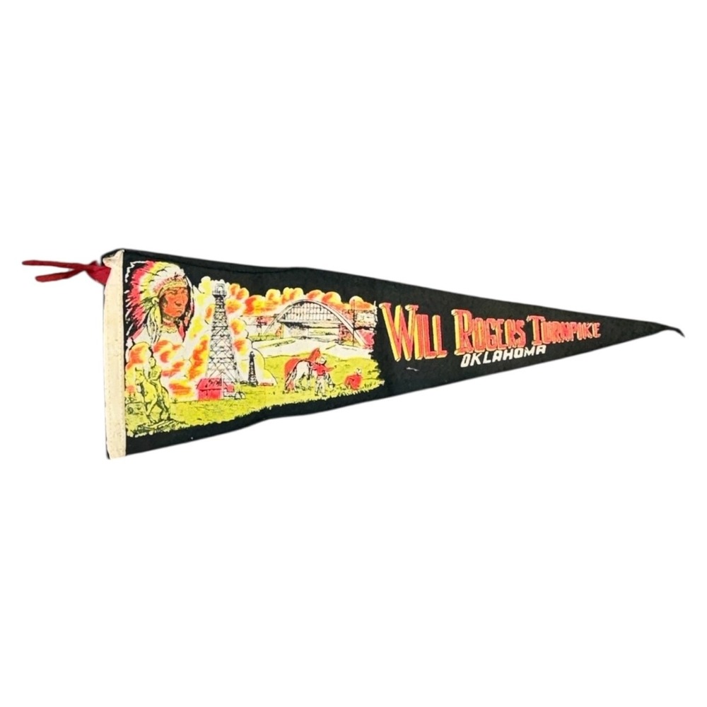 Vintage Will Rogers Turnpike Oklahoma Felt Pennant 50s Souvenir Claremore Rte 66